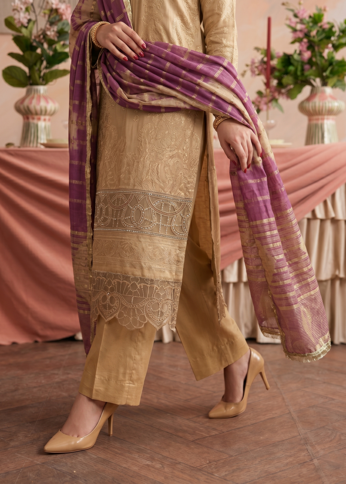 Embroidered Beige Cotton Tissue Dupatta Suit Online in Dubai DXB UAE Abudhabi Meena Bazaar