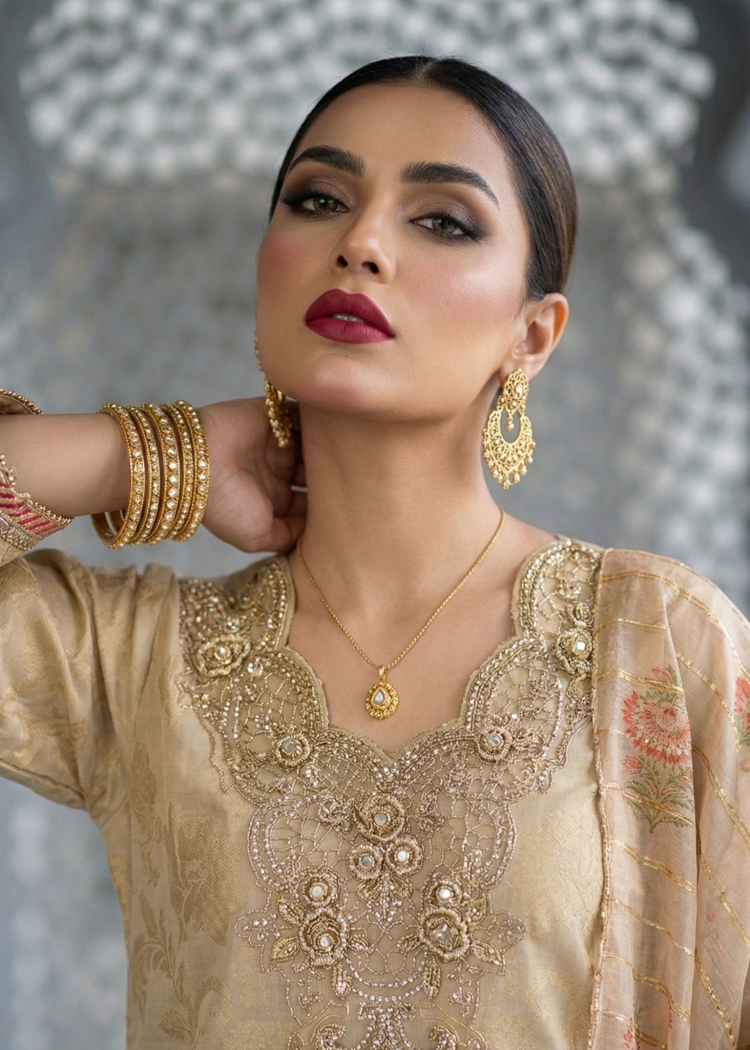 Embroidered Beige Jacquard Suit for Women Online in Dubai DXB UAE Abudhabi Meena Bazaar