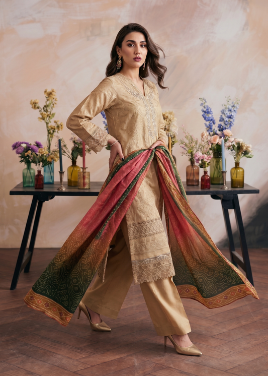 Embroidered Beige Jacquard Three Piece Suit Online in Sri Lanka India Australia