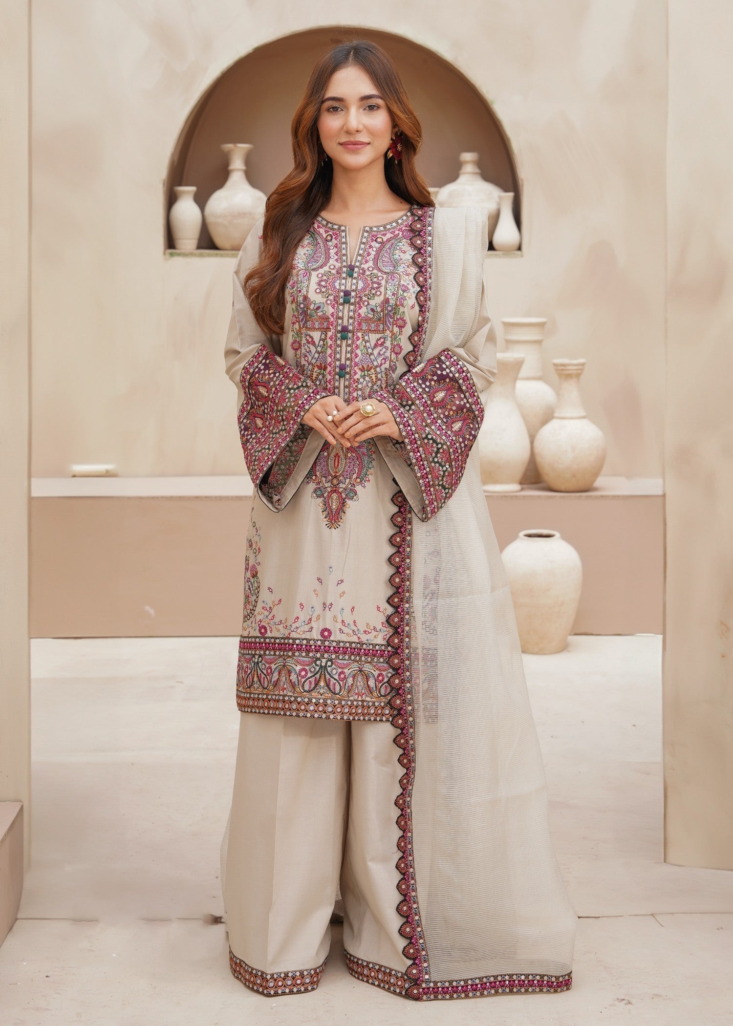 Embroidered Beige Lawn 3 Piece Suit Online in Dubai DXB UAE Abudhabi Meena Bazaar