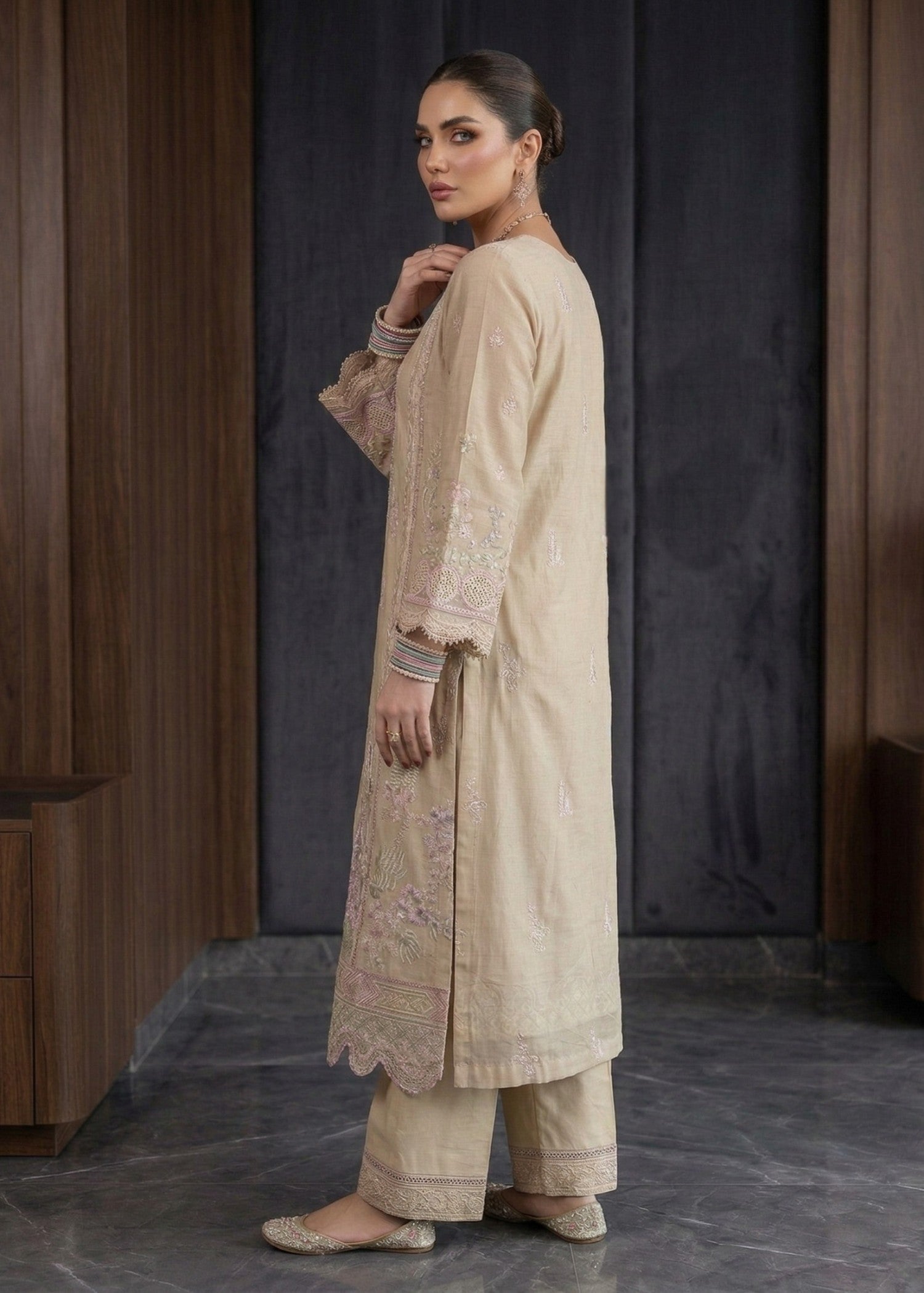Embroidered Beige Lawn Festive Party Wear Suit Online in Sri Lanka India Australia