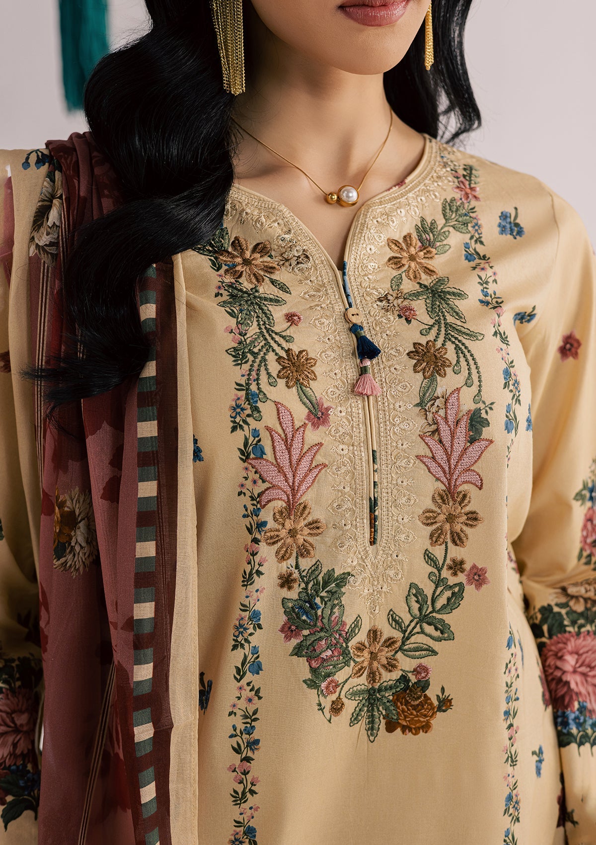 Embroidered Beige Lawn Kurta Pajama Online in Sri Lanka India Australia