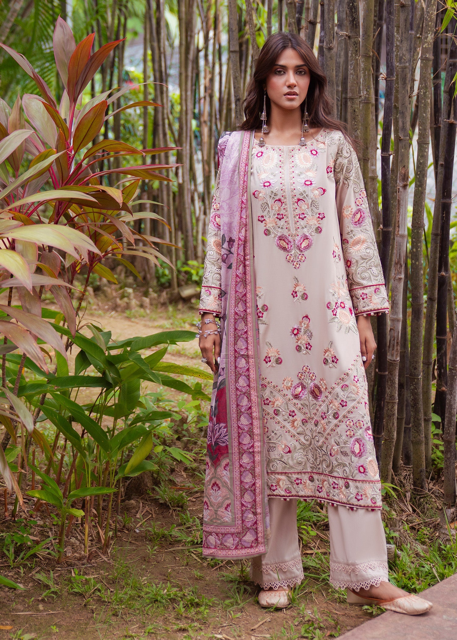 Embroidered Beige Lawn Kurta with Dupatta Online in Dubai UAE Abudhabi Ajman Sharjah