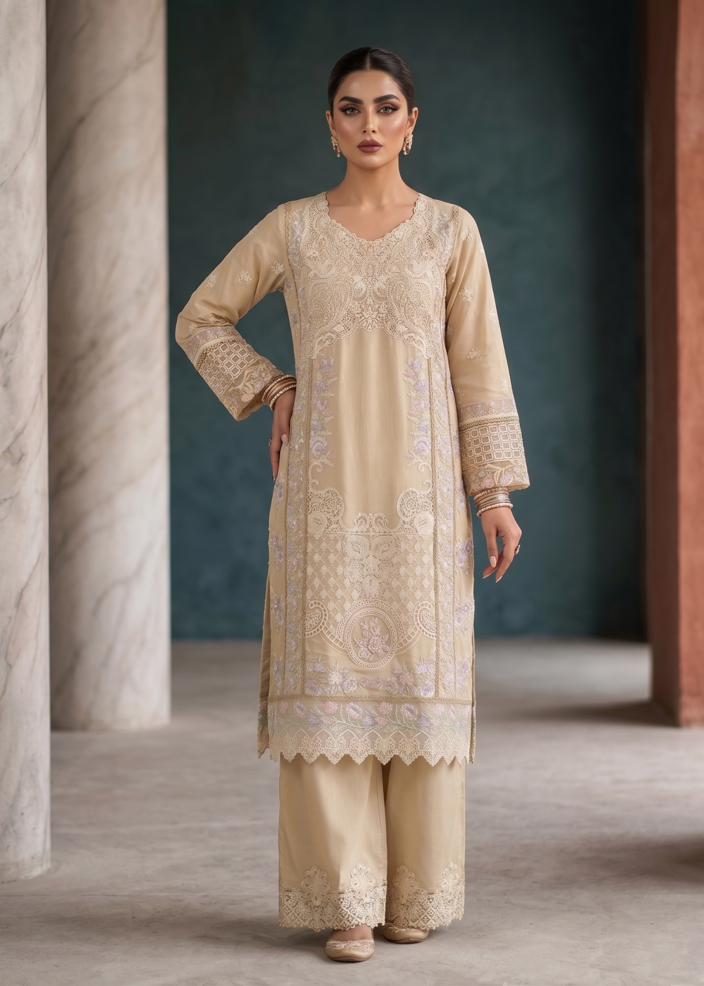 Embroidered Beige Lawn Pakistani Suit Online in Dubai DXB UAE Abudhabi Meena Bazaar