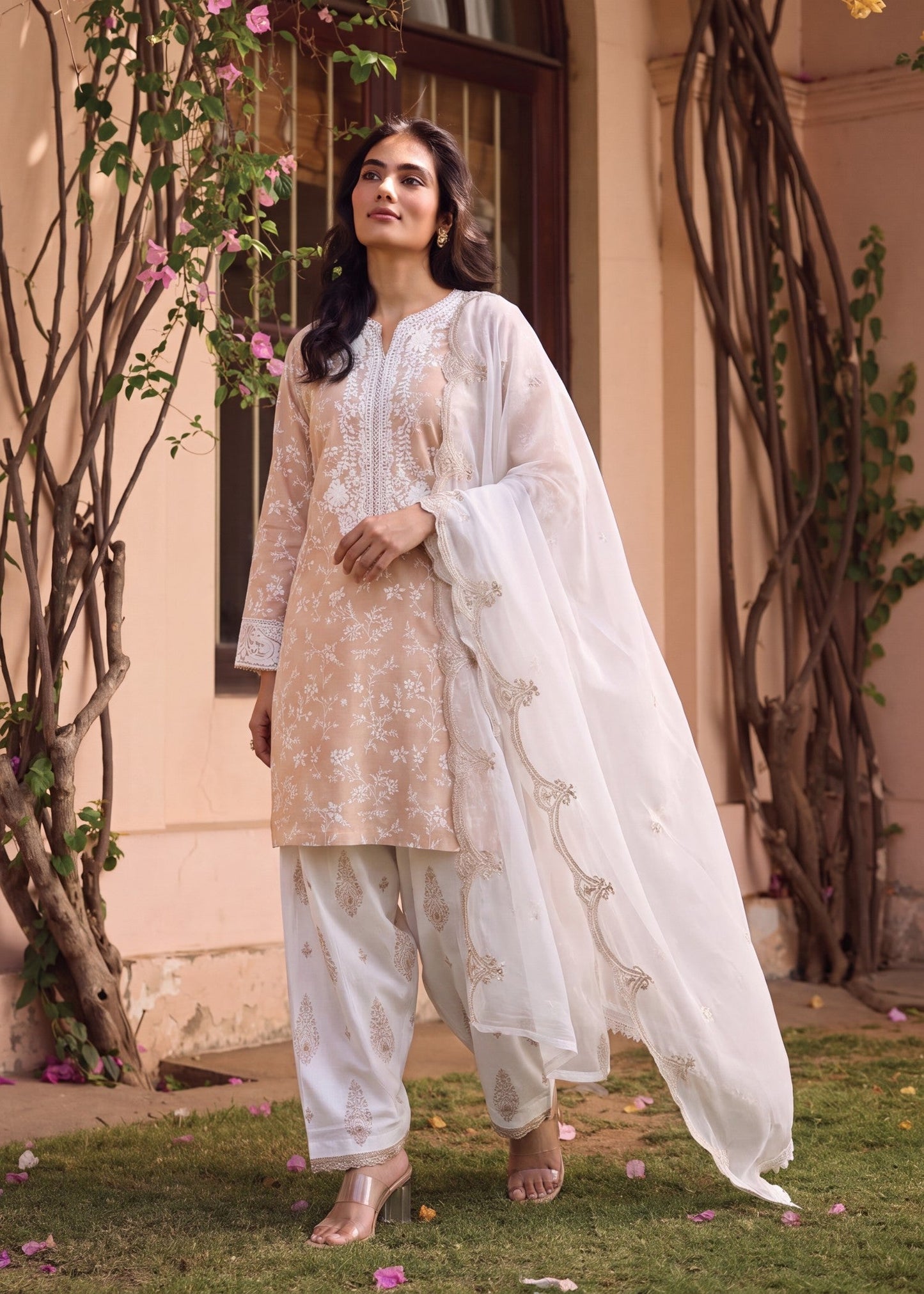 Embroidered Beige Lawn Salwar Kameez Online in Dubai UAE Abudhabi Ajman Sharjah