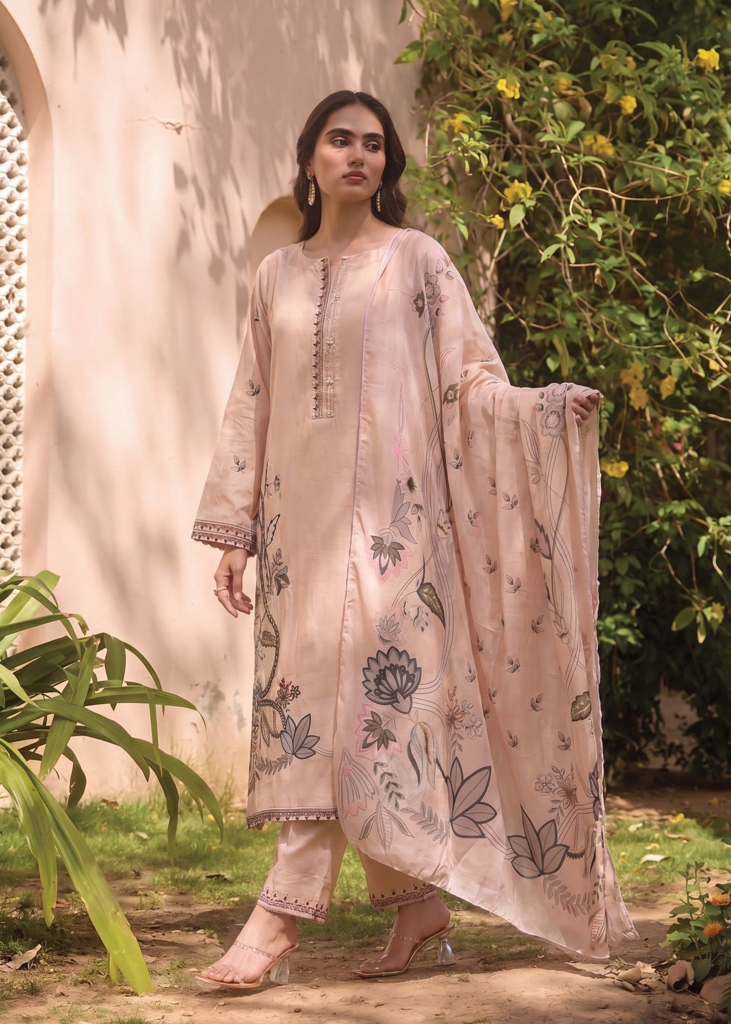 Embroidered Beige Lawn Suit Online in Dubai DXB UAE Abudhabi Meena Bazaar
