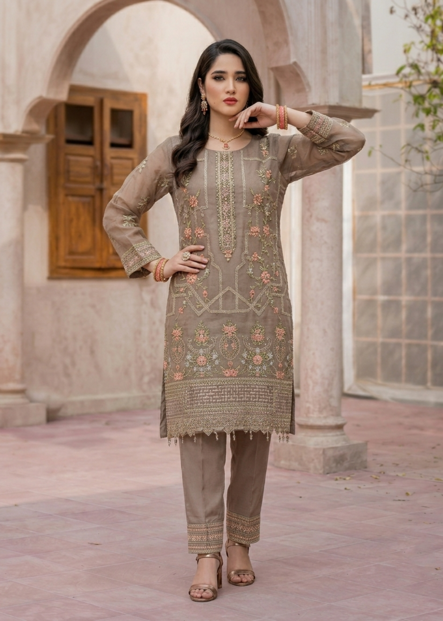 Embroidered Beige Organza Festive Wear Salwar Suit Online in Dubai DXB UAE Abudhabi Meena Bazaar