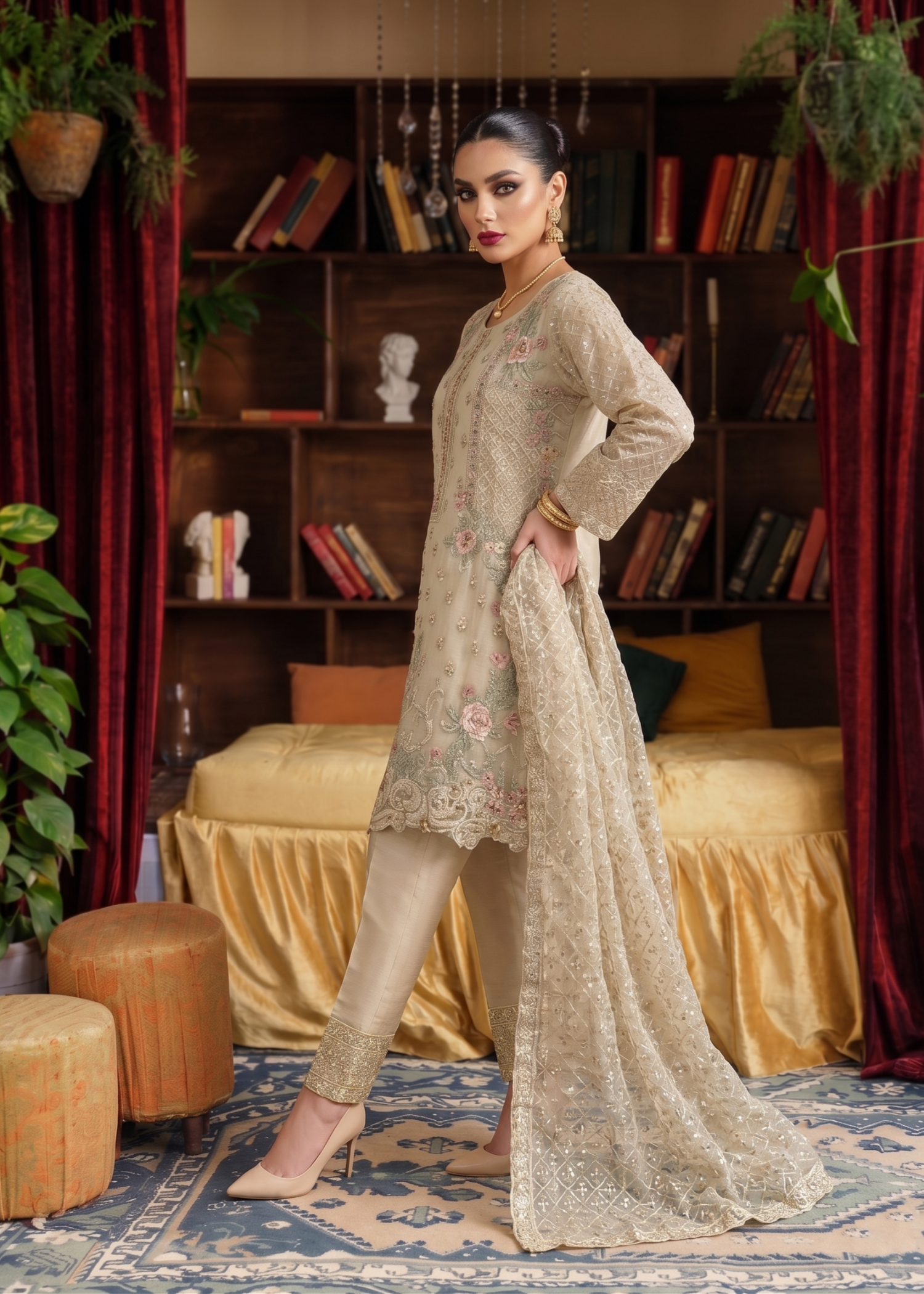 Embroidered Beige Organza Festive Wear Suit Online in Sri Lanka India Australia