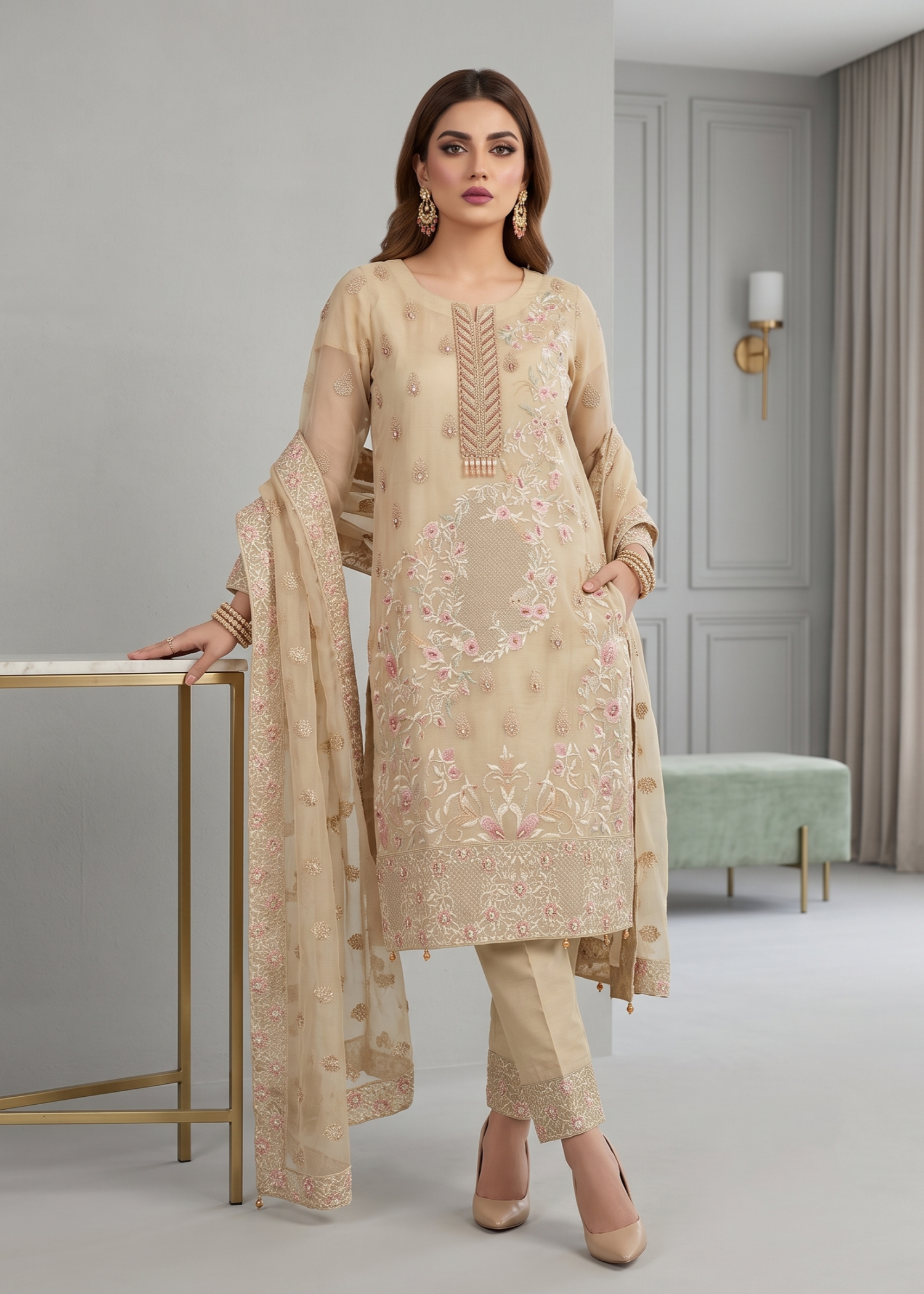 Embroidered Beige Organza Pakistani Designer Suit Online in KSA Riyadh Saudi Arabia Oman Bahrain Qatar