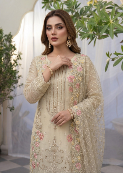 Embroidered Beige Organza Pakistani Dress Online in UK USA Canada