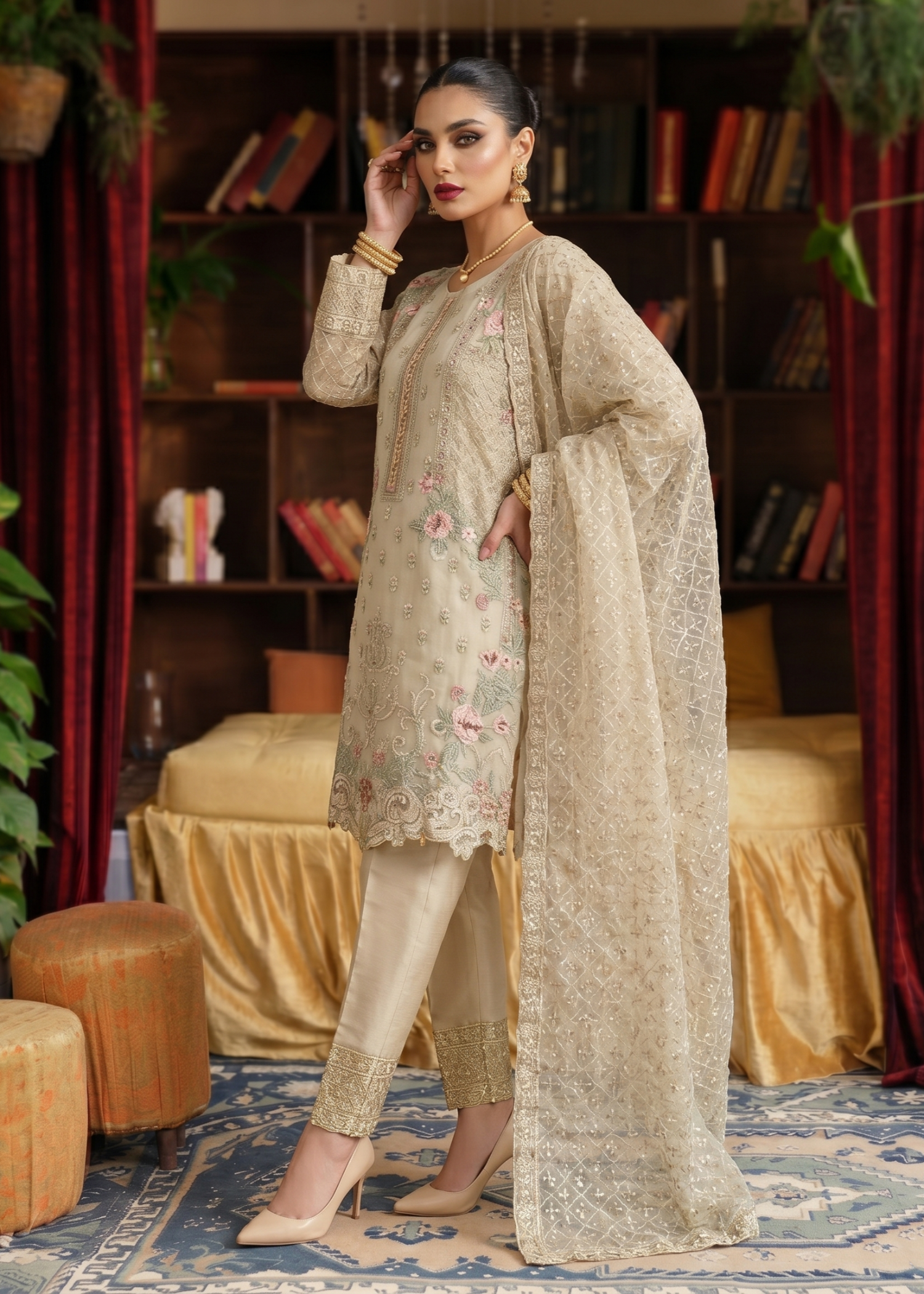 Embroidered Beige Organza Party Wear Suit Online in Dubai DXB UAE Abudhabi Meena Bazaar