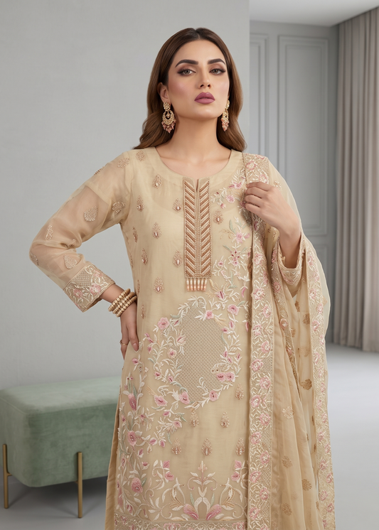 Embroidered Beige Organza Party Wear Suit Online in Dubai DXB UAE Abudhabi Meena Bazaar