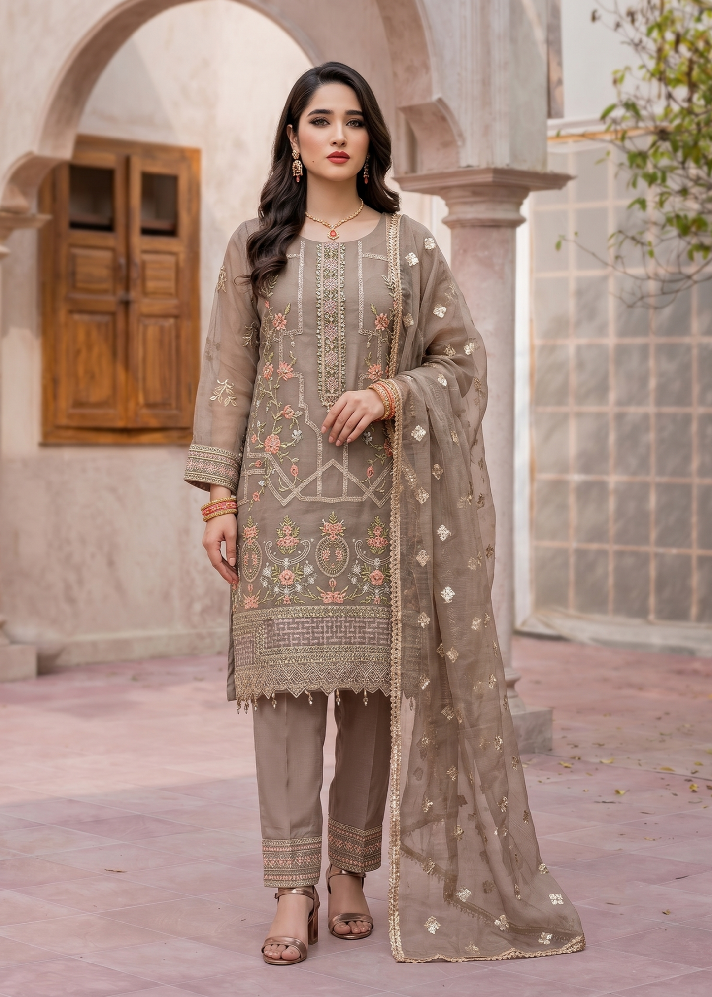 Embroidered Beige Organza Salwar Kameez Online in KSA Riyadh Saudi Arabia Oman Bahrain Qatar