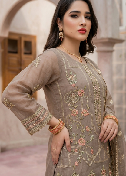 Embroidered Beige Organza Suit Online in Sri Lanka India Australia