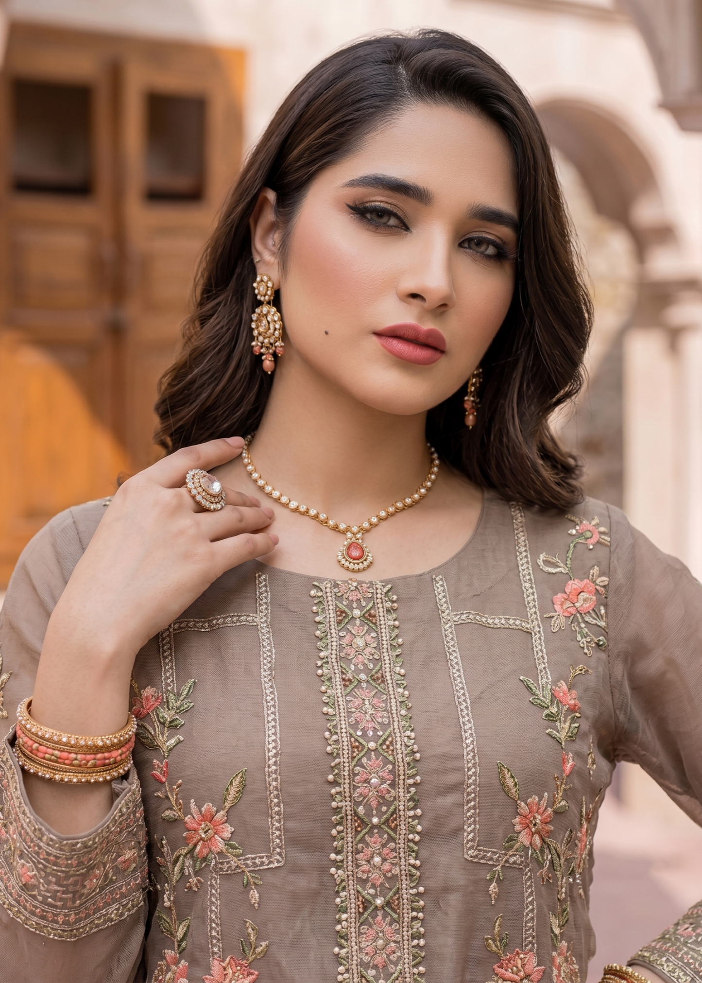 Embroidered Beige Organza Suit Online in Sri Lanka India Australia