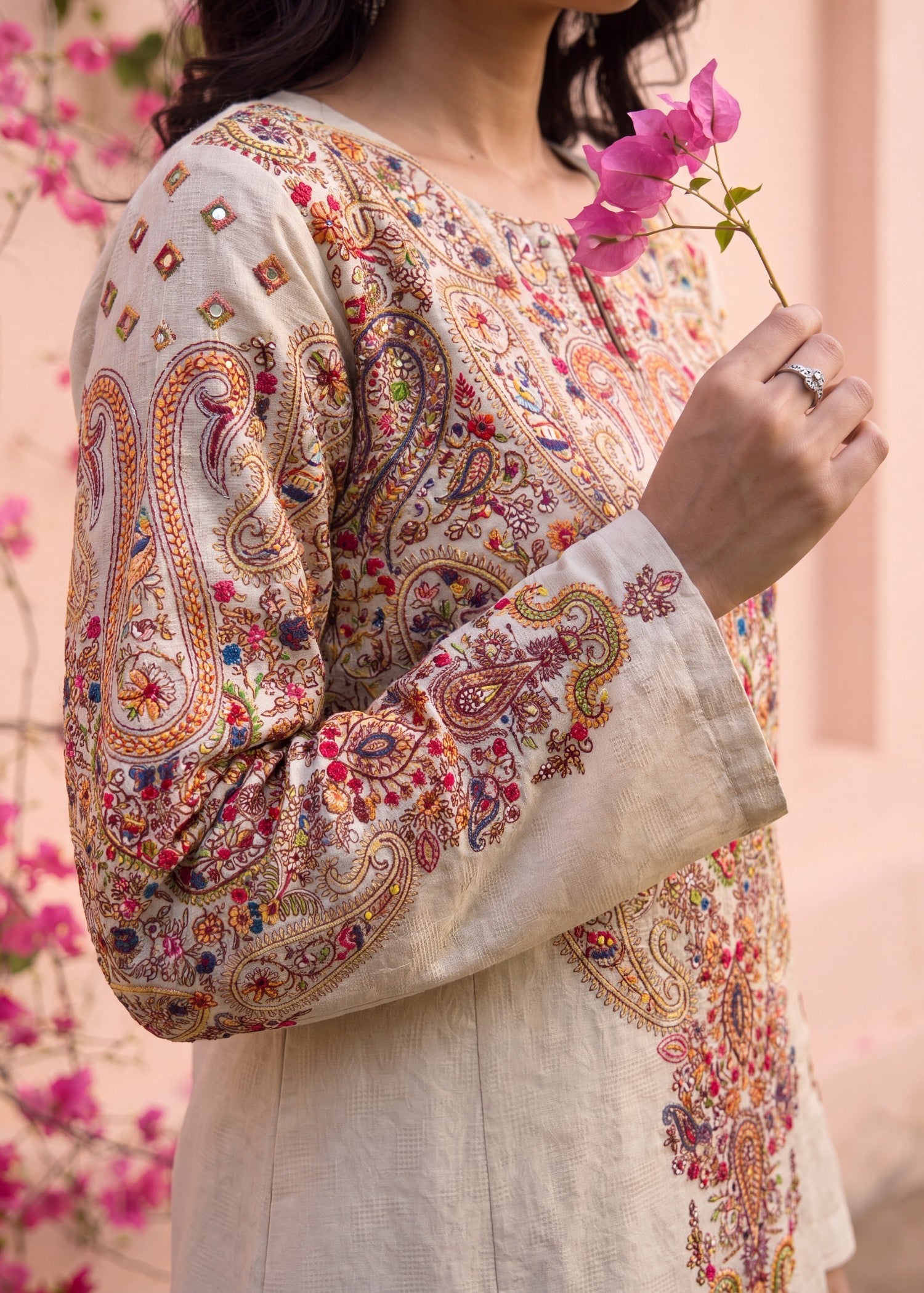 Embroidered Beige Textured Lawn Suit Online in Dubai DXB UAE Abudhabi Meena Bazaar