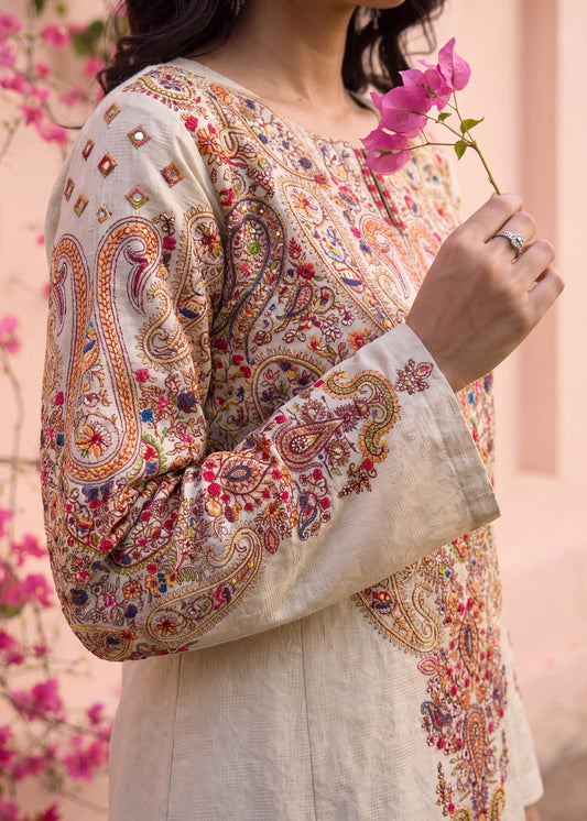 Embroidered Beige Textured Lawn Suit Online in Dubai DXB UAE Abudhabi Meena Bazaar