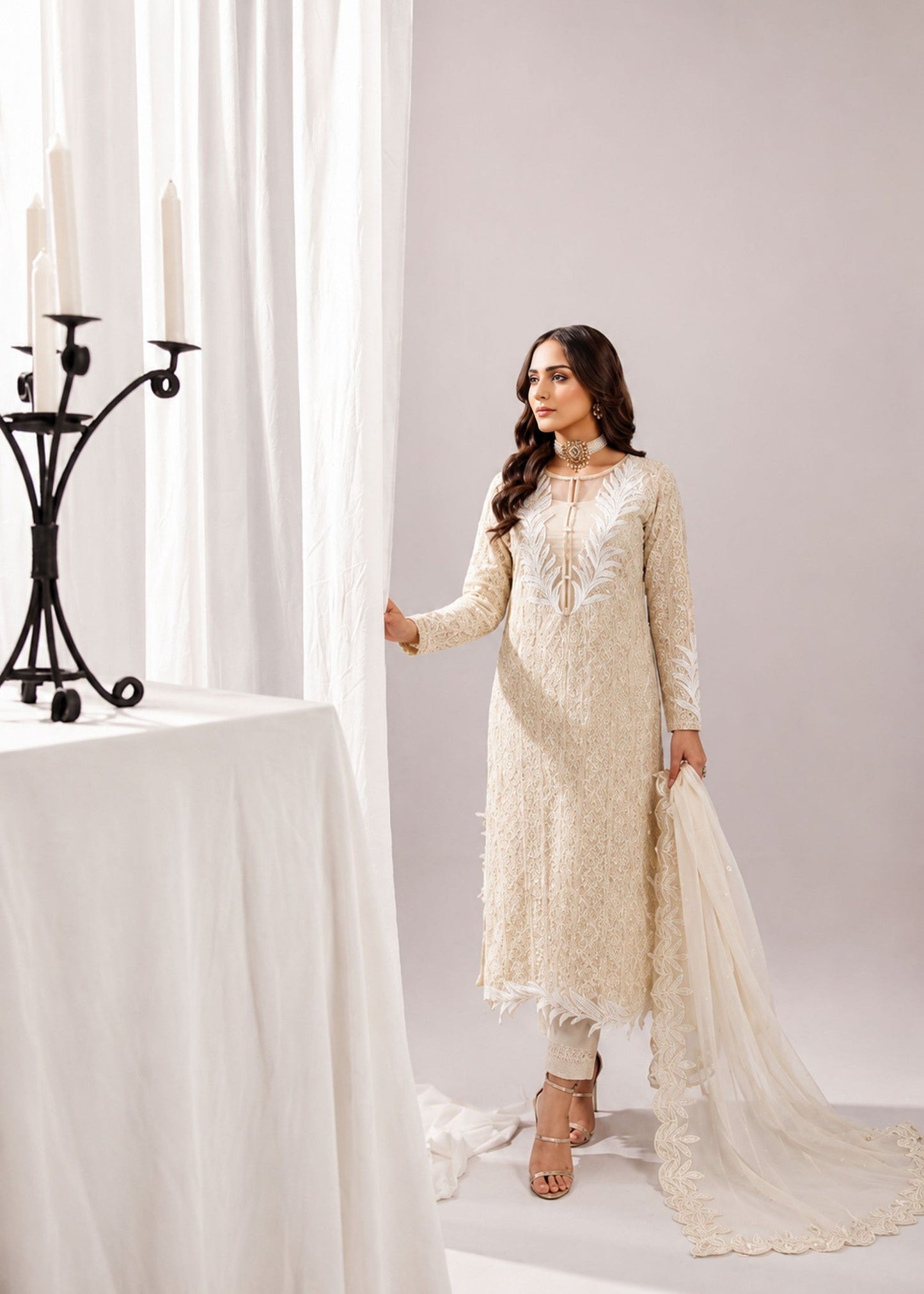 Embroidered Bemberg Crinkle Chiffon Kurta with Silk Trouser Online in Dubai UAE Abudhabi Ajman Sharjah