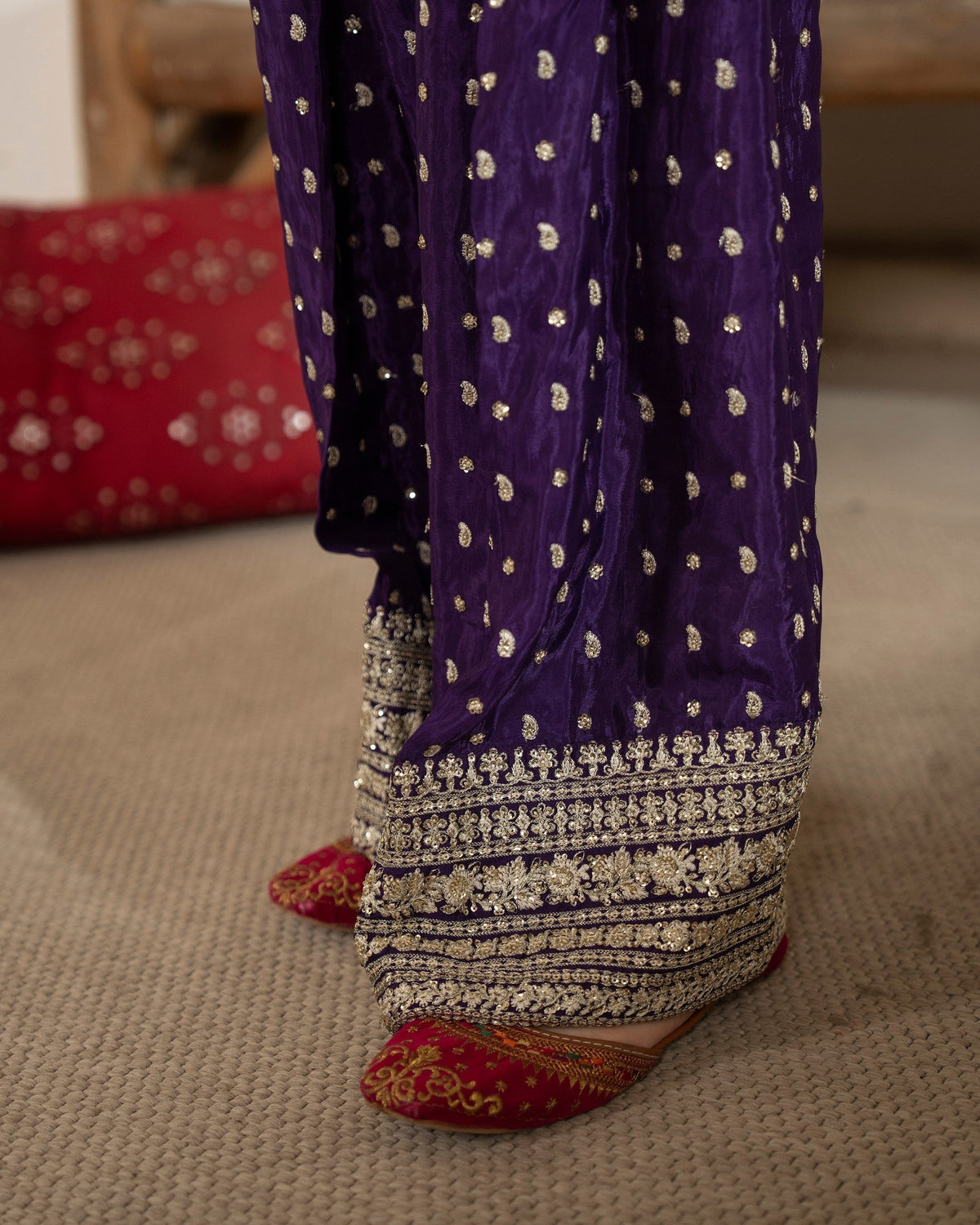 Embroidered Berry Purple Shamoz Silk Shirt and Russian Grip Shalwar Online in KSA Riyadh Saudi Arabia Oman Bahrain Qatar