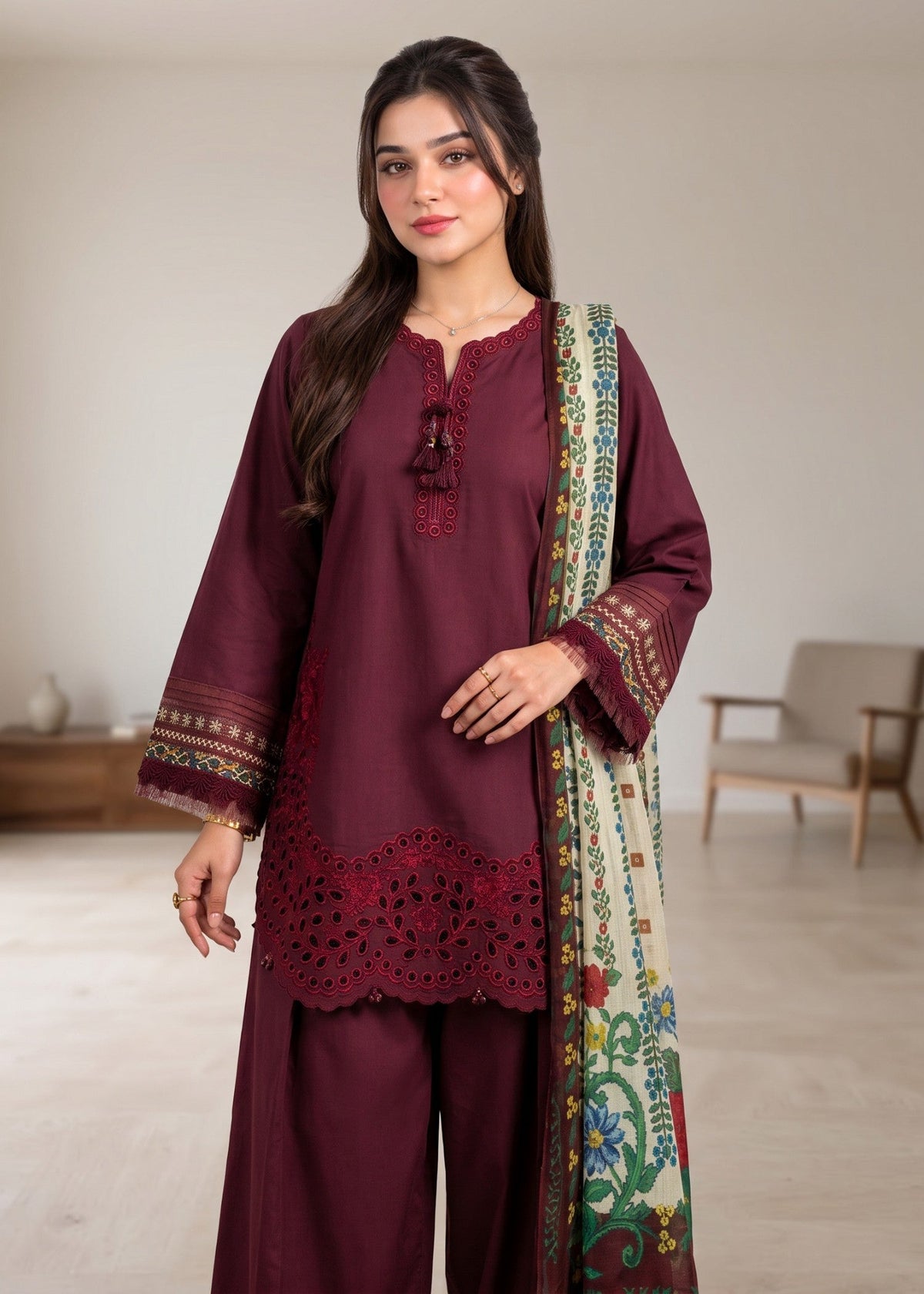 Embroidered Berry Red Lawn Cotton Pakistani Suit Online in Dubai DXB UAE Abudhabi Meena Bazaar
