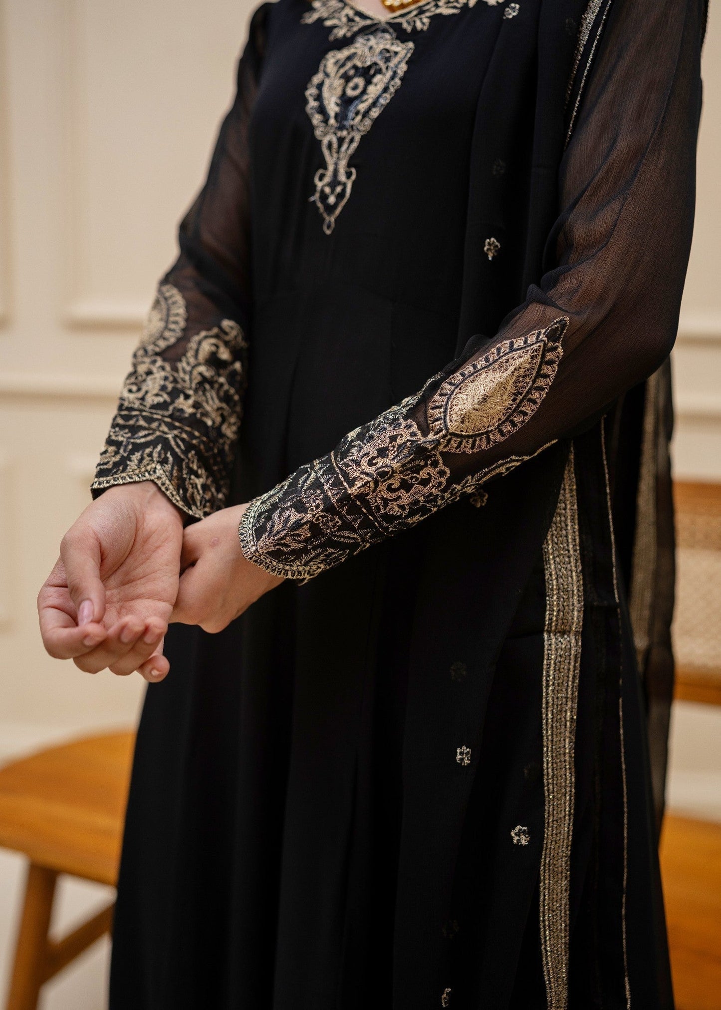 Embroidered Black Bemberg Chiffon Maxi Partywear Outfit Online in KSA Riyadh Saudi Arabia Oman Bahrain Qatar