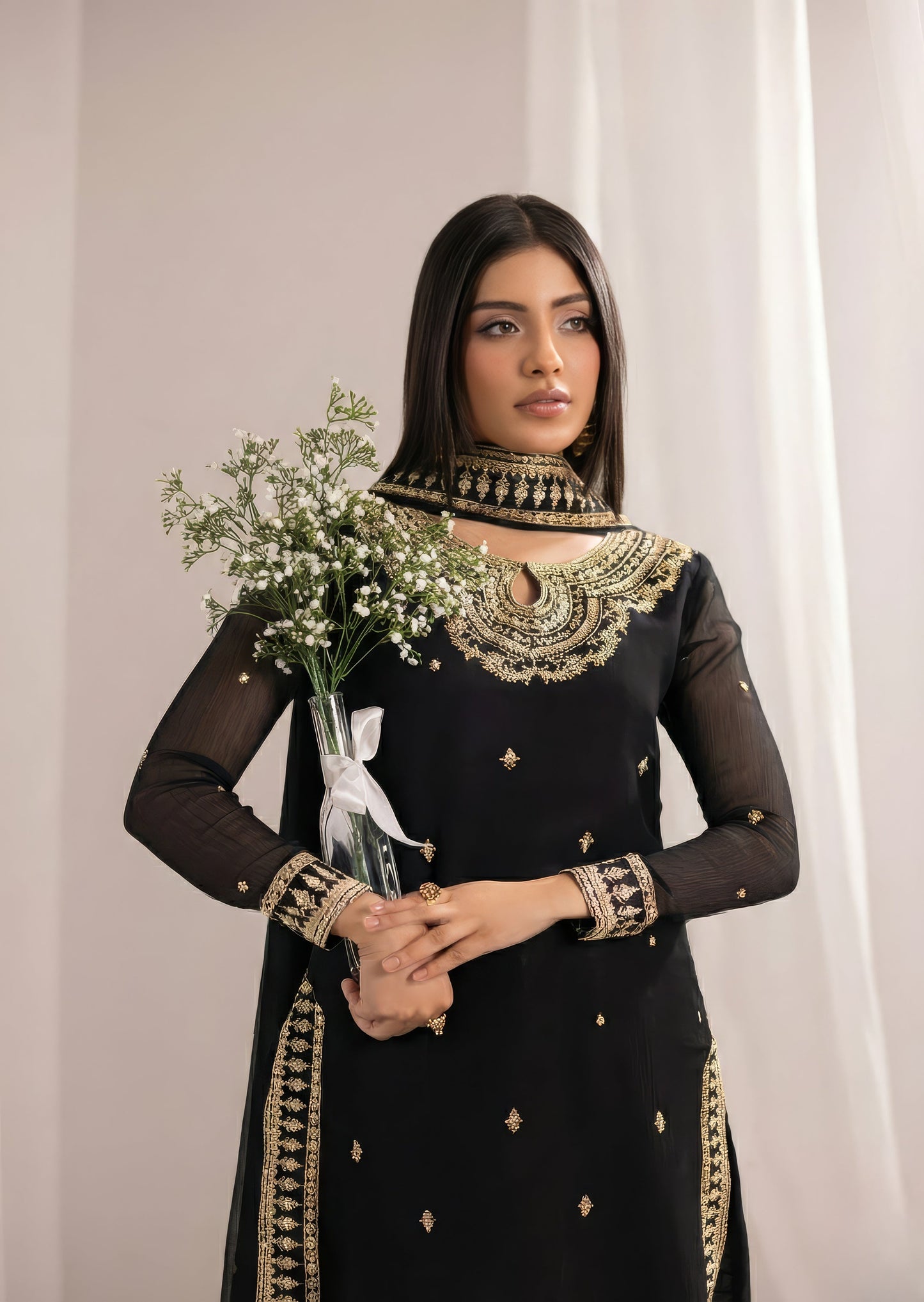 Embroidered Black Bemberg Crinkle Chiffon Festive Kurta Set Online in Sri Lanka India Australia