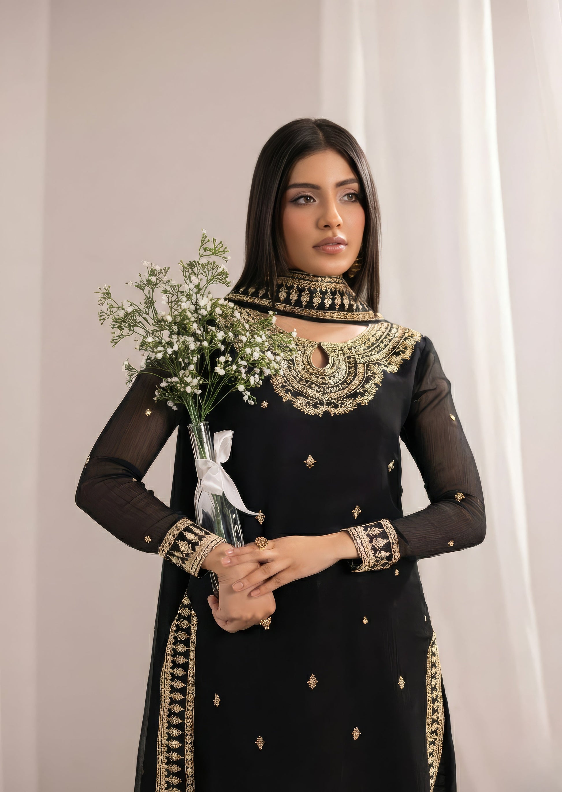 Embroidered Black Bemberg Crinkle Chiffon Festive Kurta Set Online in Sri Lanka India Australia