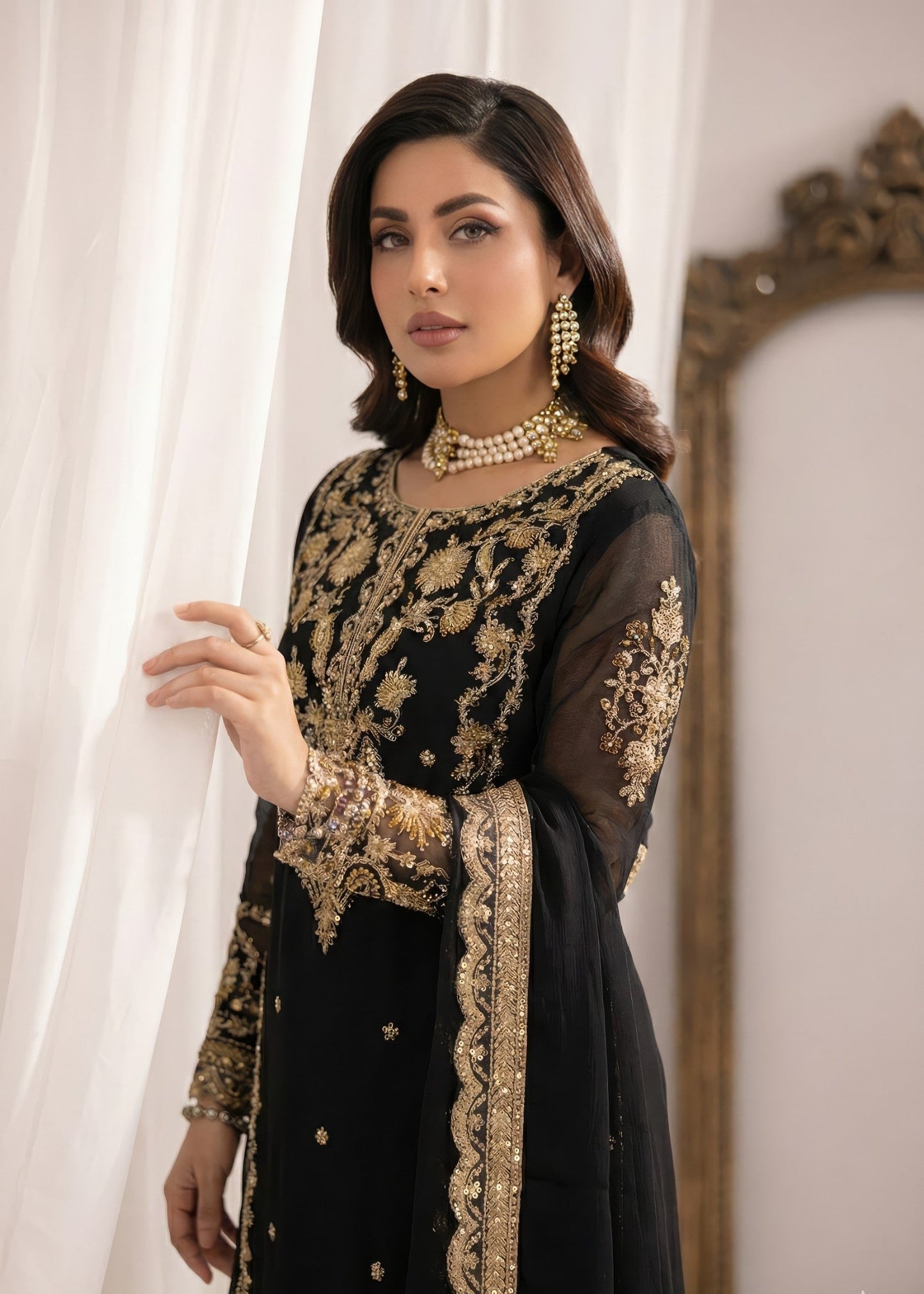 Embroidered Black Bemberg Crinkle Chiffon Festive Wear Online in Sri Lanka India Australia