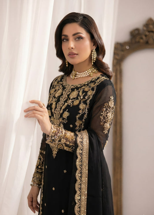 Embroidered Black Bemberg Crinkle Chiffon Festive Wear Online in Sri Lanka India Australia