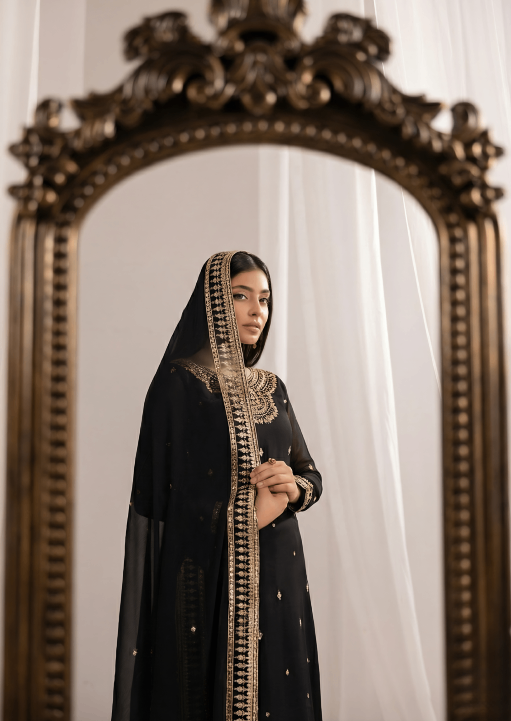 Embroidered Black Bemberg Crinkle Chiffon Ladies Suit Online in KSA Riyadh Saudi Arabia Oman Bahrain Qatar