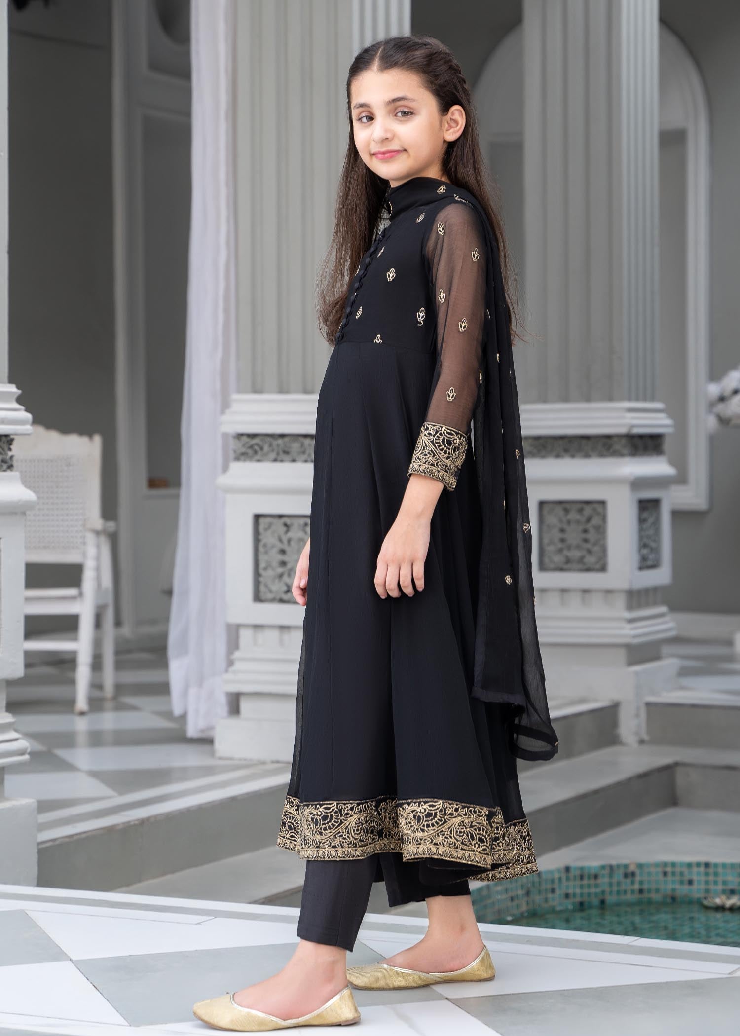 Embroidered Black Chiffon Flared Pishwas Salwar Suit Online in Dubai UAE Abudhabi Ajman Sharjah