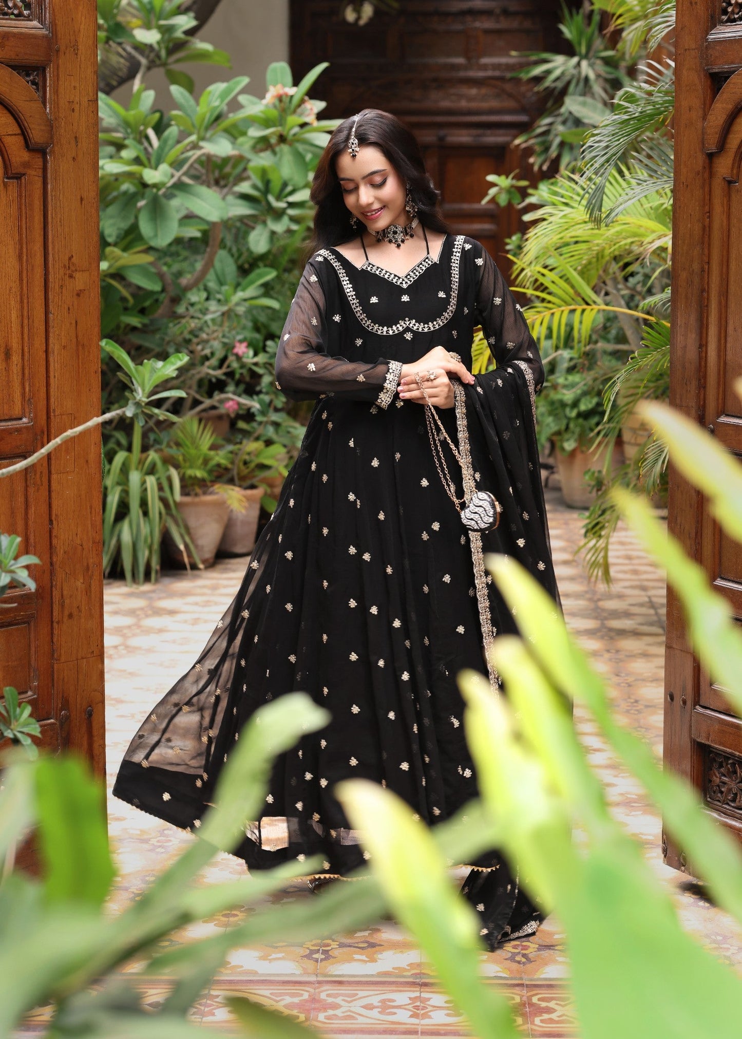 Embroidered Black Chiffon Flared Top Suit Online in Sri Lanka India Australia