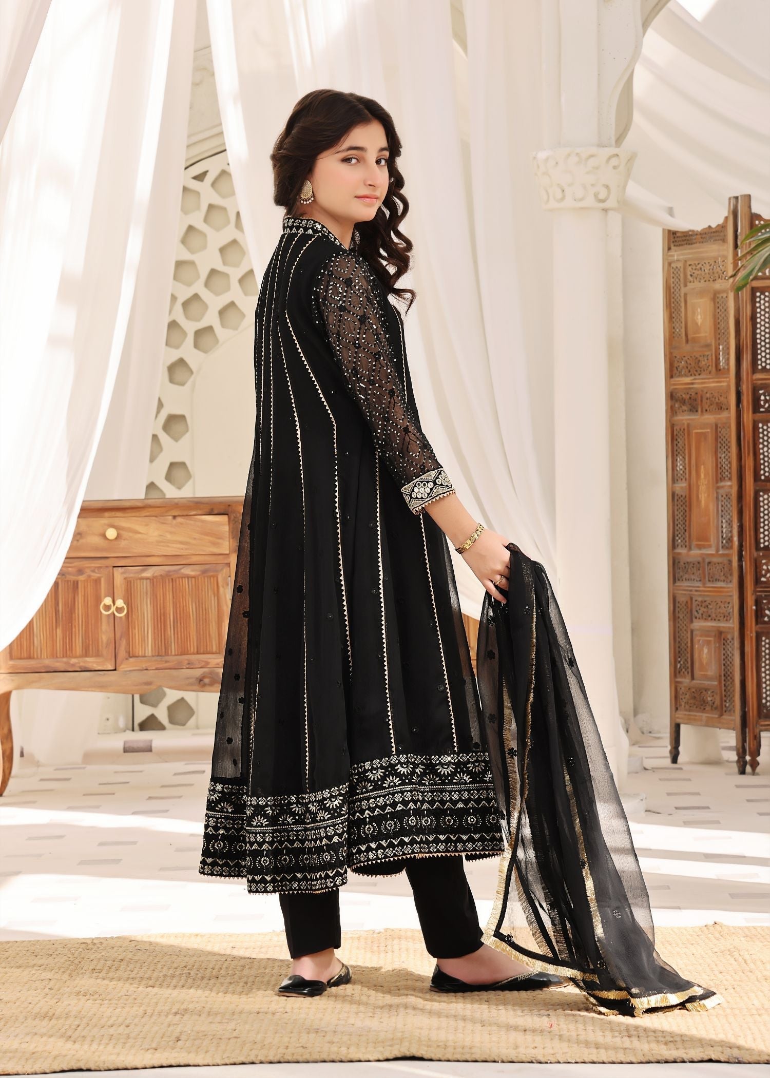 Embroidered Black Chiffon Kalidar Maxi Online in Dubai DXB UAE Abudhabi Meena Bazaar