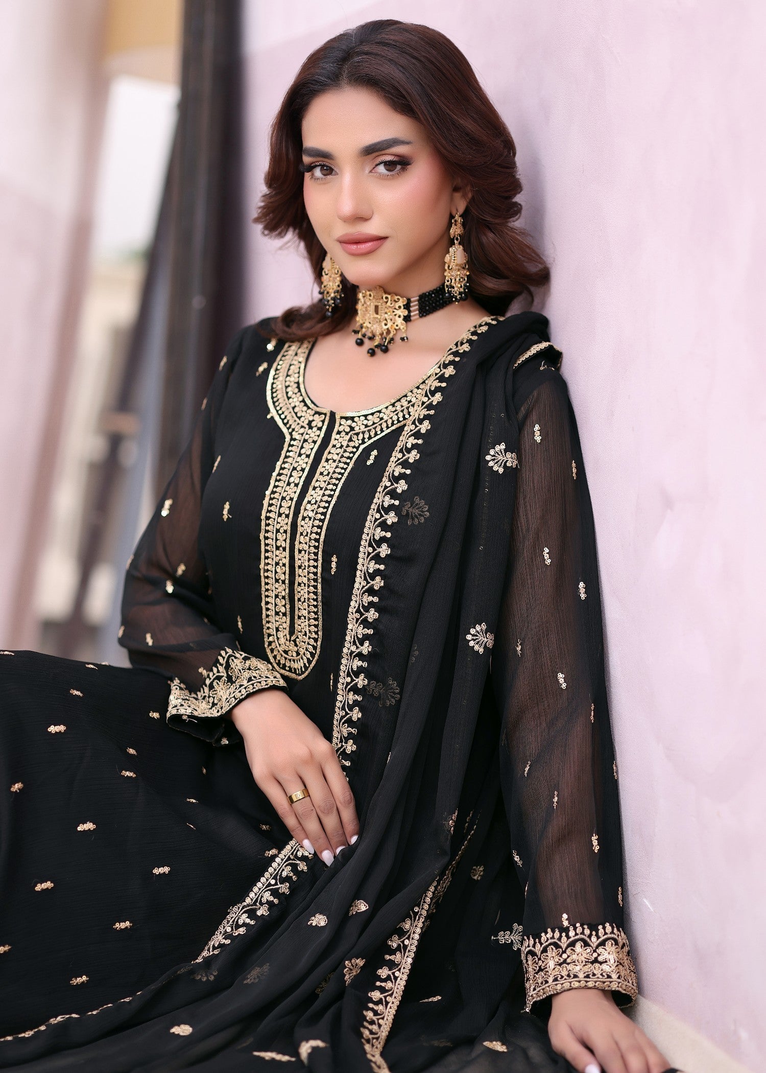 Embroidered Black Chiffon Kurta Set Online in Sri Lanka India Australia