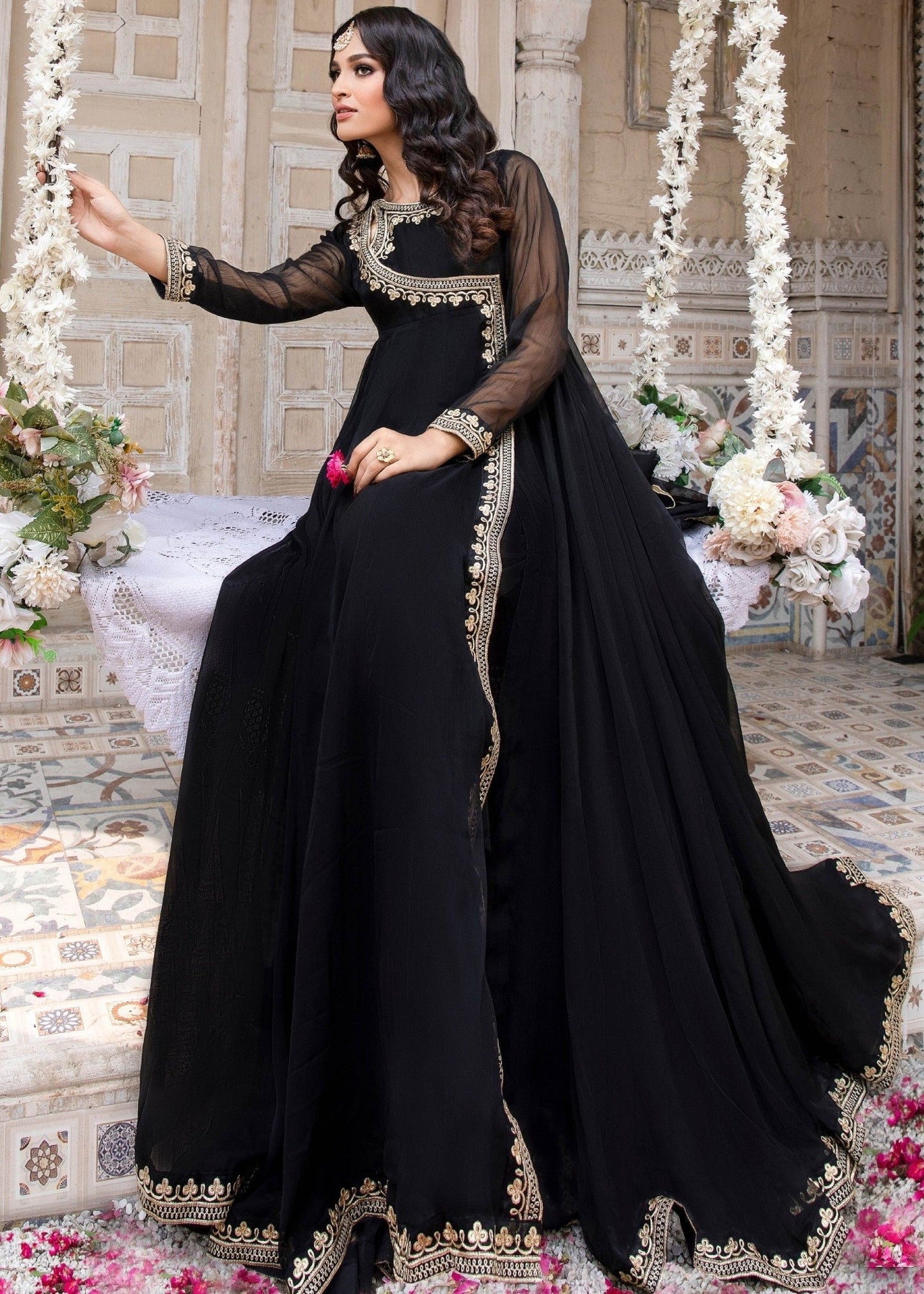 Embroidered Black Chiffon Party Wear Pishwas Gharara Online in Dubai DXB UAE Abudhabi Meena Bazaar
