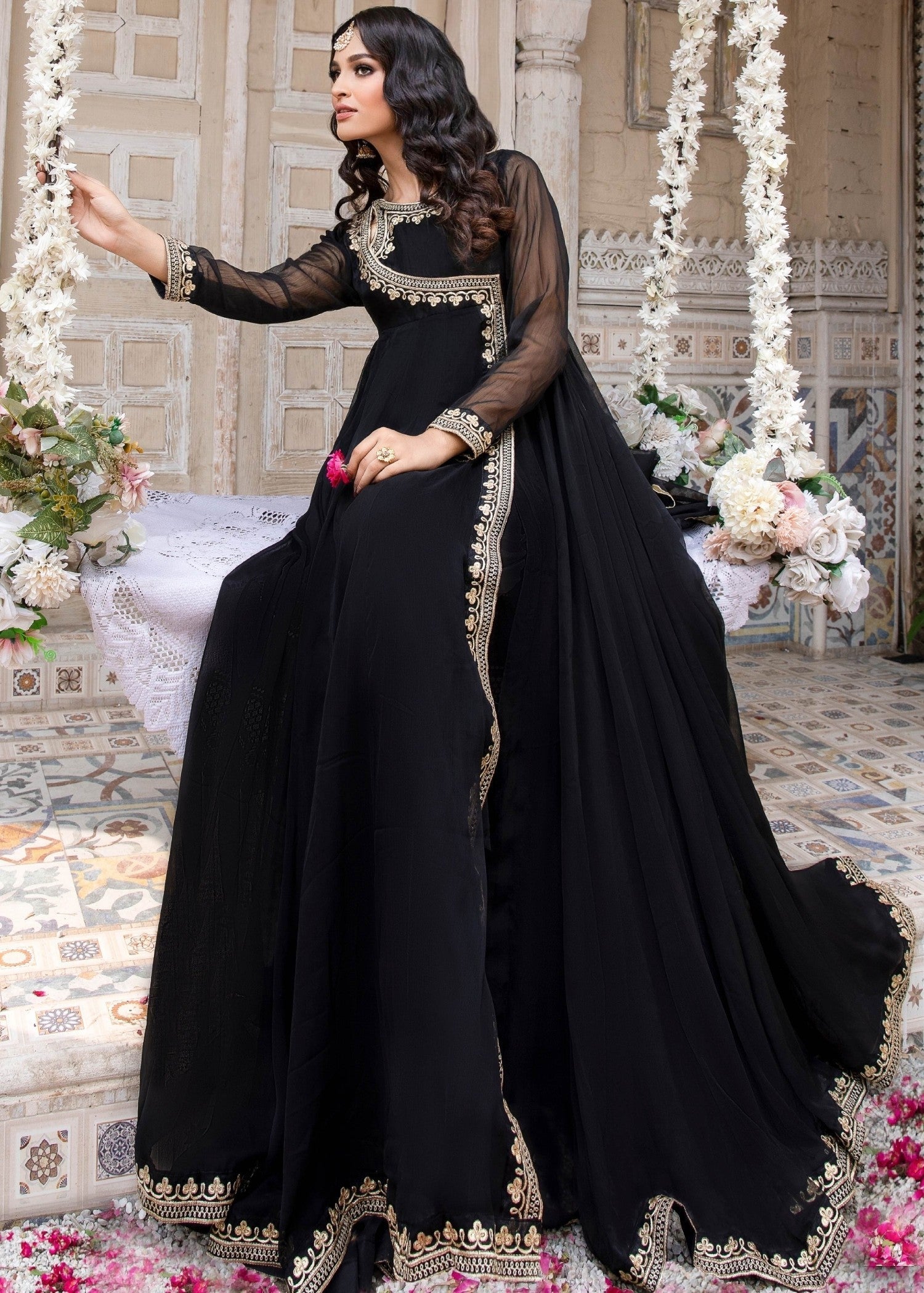 Embroidered Black Chiffon Party Wear Pishwas Gharara Online in Dubai DXB UAE Abudhabi Meena Bazaar