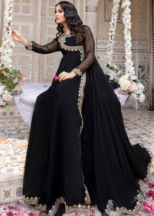 Embroidered Black Chiffon Party Wear Pishwas Gharara Online in Dubai DXB UAE Abudhabi Meena Bazaar