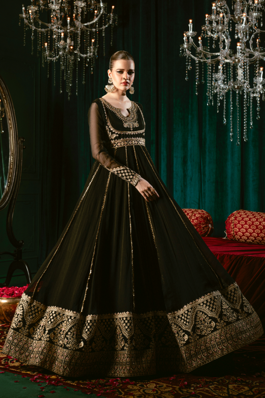 Embroidered Black Chiffon Pishwas Partywear Outfit Online in Dubai DXB UAE Abudhabi Meena Bazaar