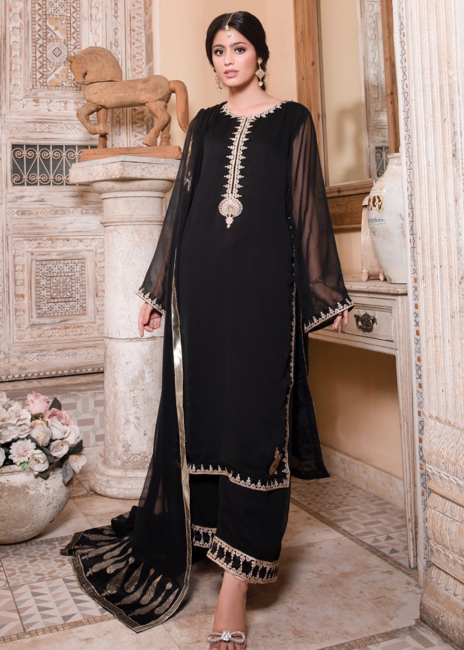 Embroidered Black Chiffon Three Piece Suit Online in Sri Lanka India Australia