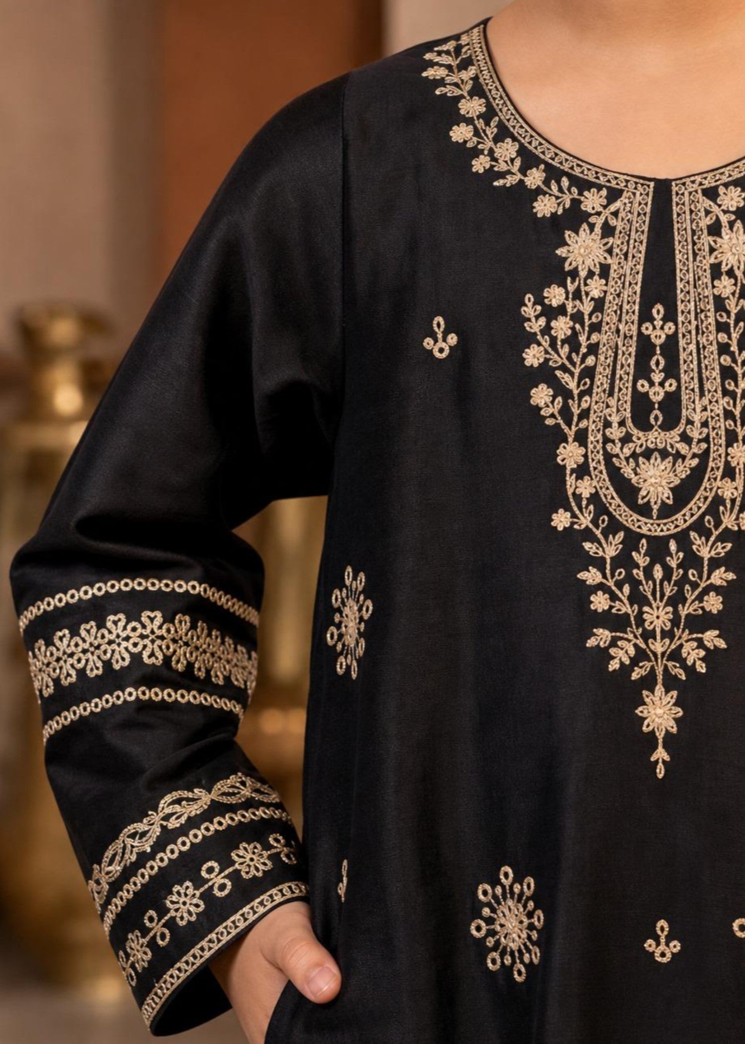 Embroidered Black Cotton Jacquard Eastern Suit Online in UK USA Canada