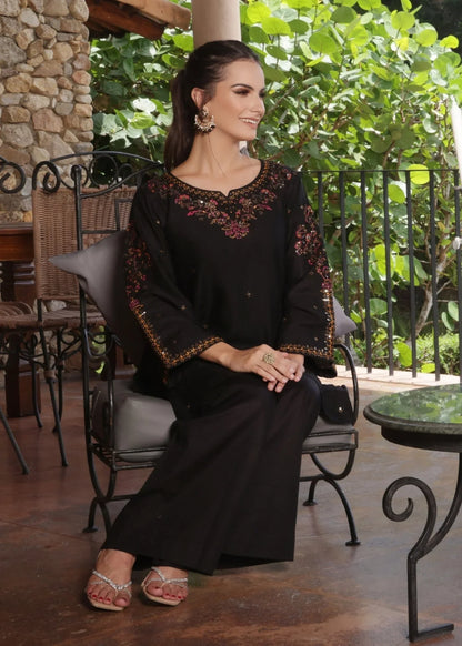 Embroidered Black Cotton Kurta and Flapper Set Online in Sri Lanka India Australia