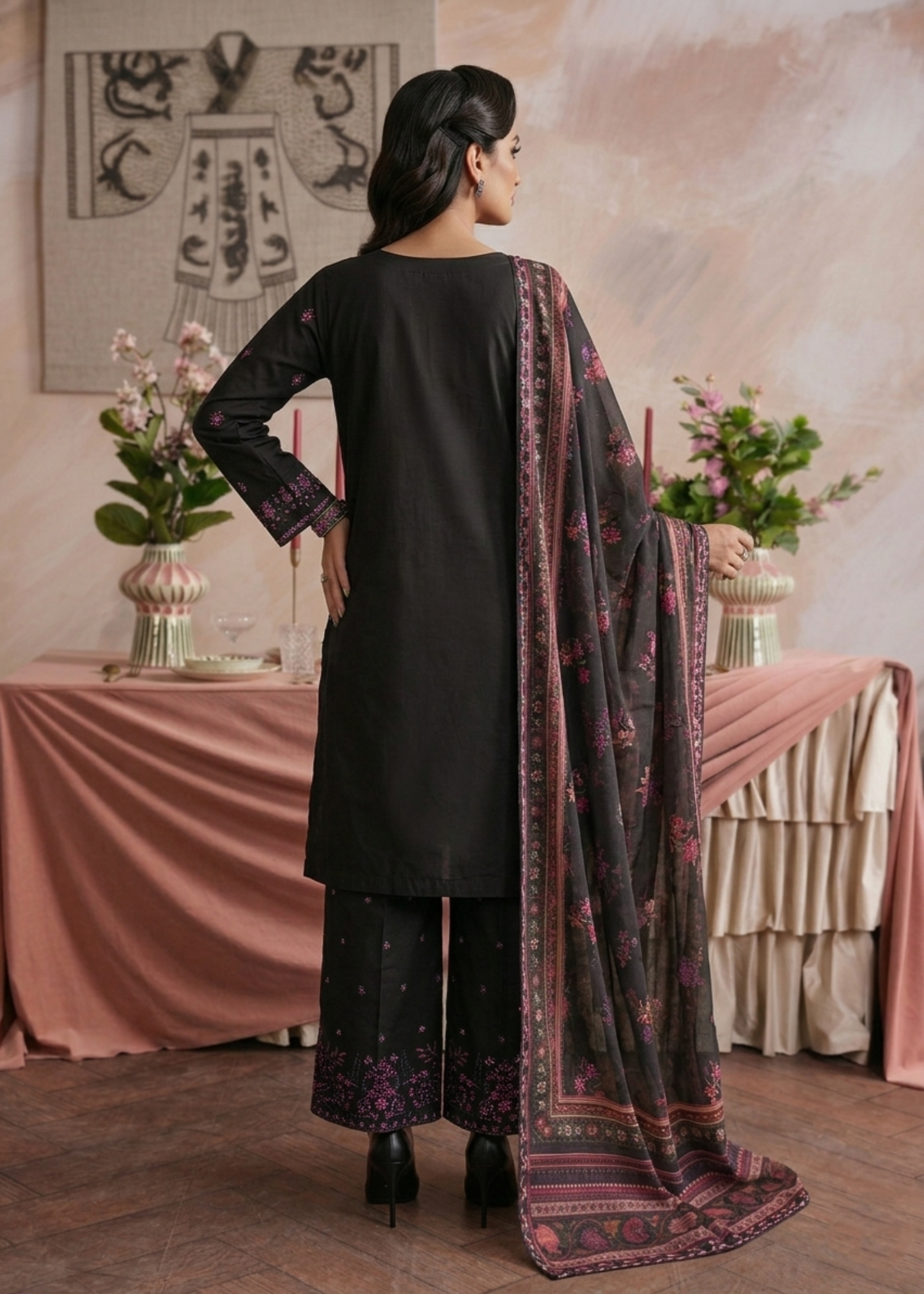 Embroidered Black Cotton Short Kurta Suit Online in Dubai DXB UAE Abudhabi Meena Bazaar