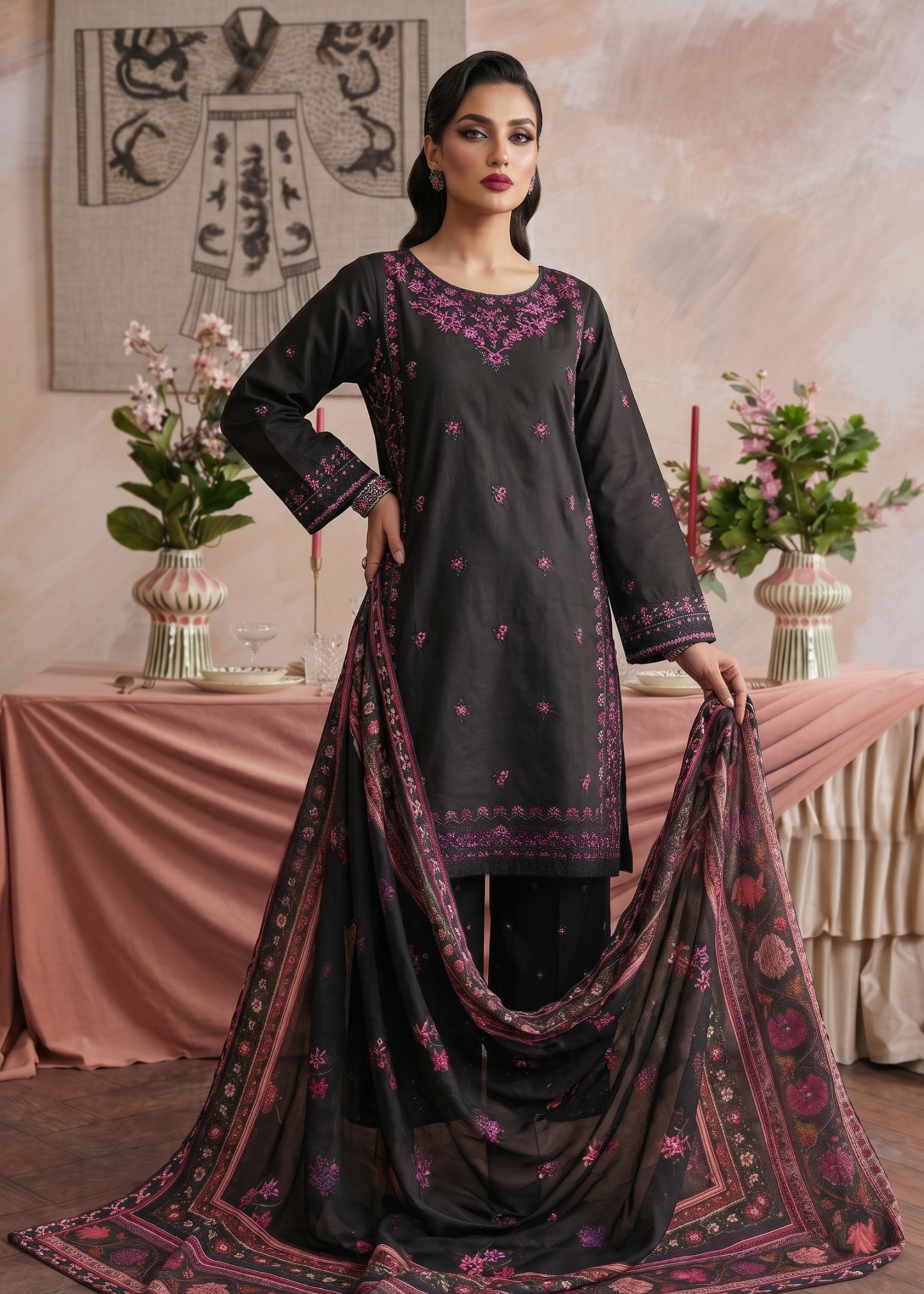 Embroidered Black Cotton Straight Trouser Suit Online in Dubai UAE Abudhabi Ajman Sharjah