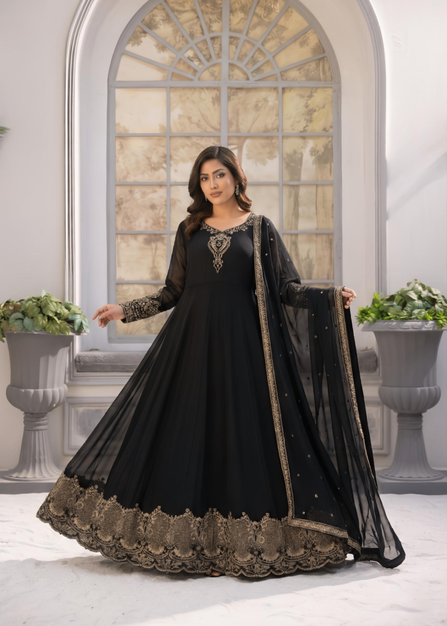 Embroidered Black Crinkle Chiffon Partywear Suit Online in Sri Lanka India Australia
