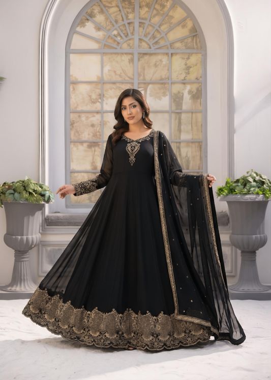 Embroidered Black Crinkle Chiffon Partywear Suit Online in Sri Lanka India Australia