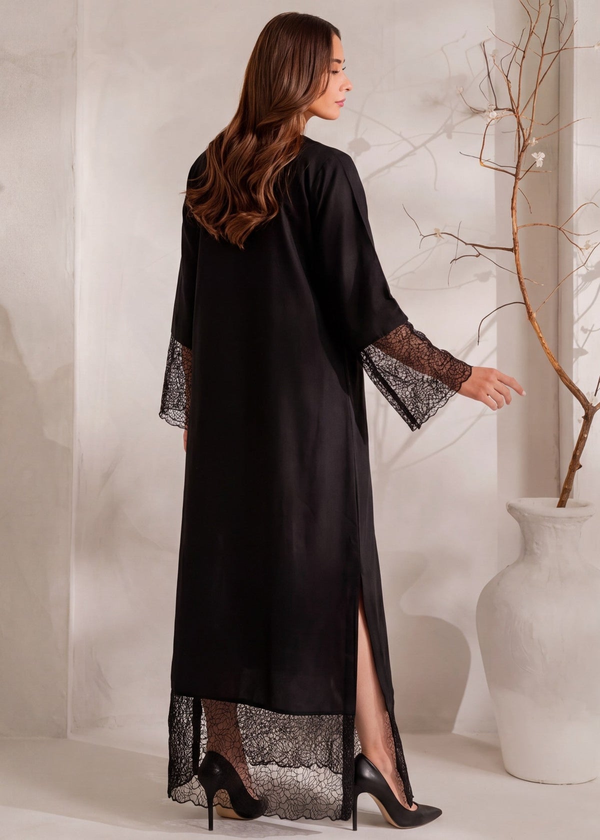 Embroidered Black Dhanak Kaftan for Ladies Online in KSA Riyadh Saudi Arabia Oman Bahrain Qatar