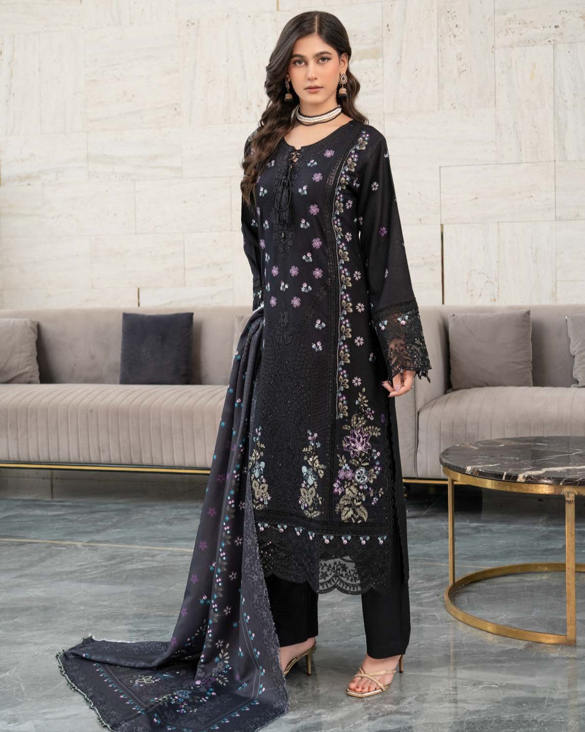 Embroidered Black Dhanak Pakistani Outfit Online in Sri Lanka India Australia