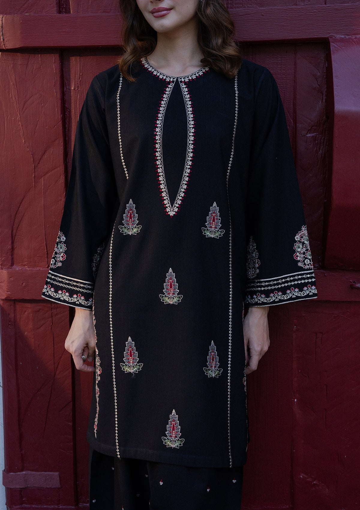 Embroidered Black Khaddar 2 Piece Kurta Set Online in Sri Lanka India Australia