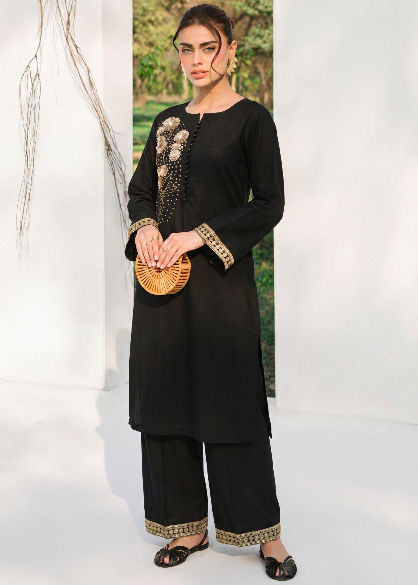 Embroidered Black Lawn Kurta Palazzo Online in Dubai UAE Abudhabi Ajman Sharjah