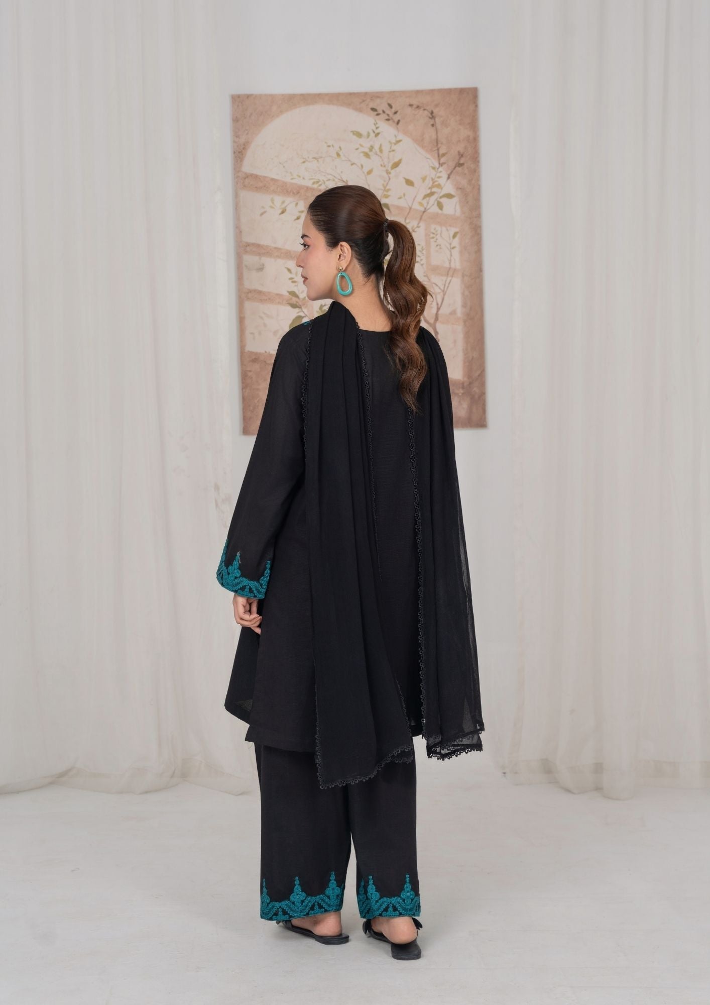 Embroidered Black Lawn Kurta with Plazzo Bottom Online in Dubai DXB UAE Abudhabi Meena Bazaar